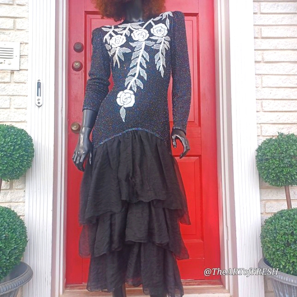 Vintage Black Ruffled Tiered Silk Maxi Gown with Mock Neck